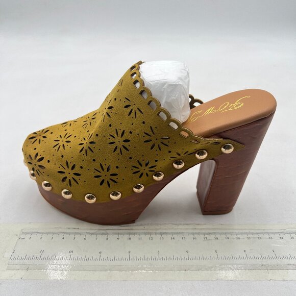 FOWT Khaki Studded Round Toe Floral Cut Out Platform Mules Chunky Heel Sandals - Picture 2 of 8